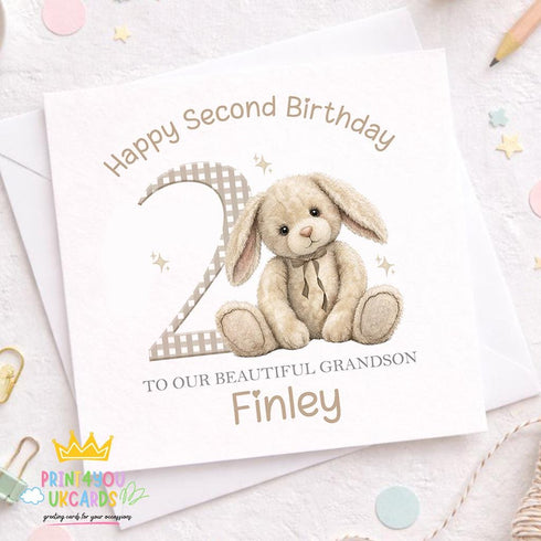 Personalised 2nd Birthday Card – Cute Beige Bunny Design for Grandson