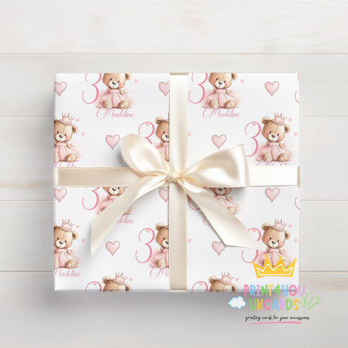 Personalised Teddy Bear Wrapping - Custom Name & Age Pink Birthday Gift Wrap
