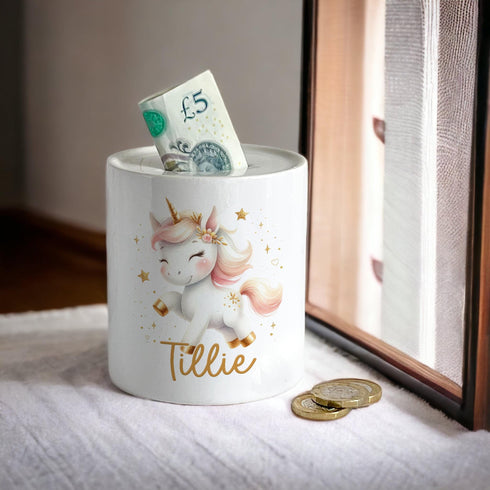 Personalised Ceramic White Money Box Coin Bank - Unicorn with gold stars and name