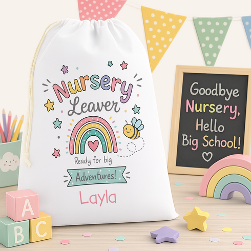 Personalised A3 nursery leaver drawstring bag with colourful rainbow, bee and ready for big adventures design.