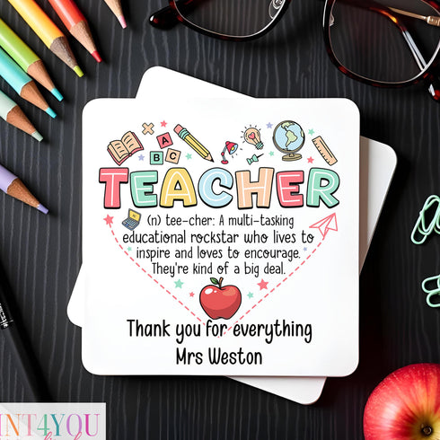 Custom Teacher Coaster with Name Cork Backed Appreciation Gift for End-of-Term or Year Heartfelt Teacher Nouns