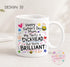 A white ceramic mug with a colorful design featuring text and illustrations related to Father's Day.