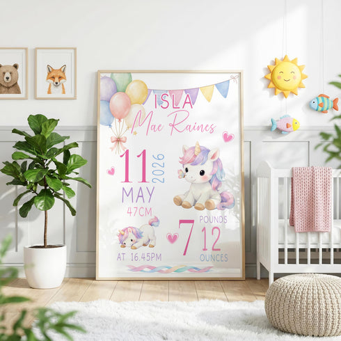 Personalised Unicorn Poster – Custom Baby Birth Stats Print | Nursery Wall Art A3 A2 A1