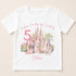 A white t-shirt with a printed design featuring a castle, a princess, and a unicorn, along with the text "When I wake up I will be Chloe" and the number "5".