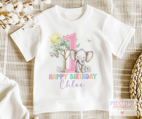 Personalised Pastel Pink Elephant 1st Birthday Outfit | Baby Girl Vest, Bib, Sleepsuit or T-Shirt | Custom Name | First Birthday Gift