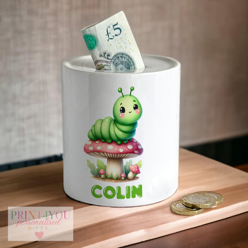Personalised Ceramic White Money Box Coin Bank - Cute Caterpillar
