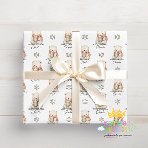 Personalised Christmas Wrapping Paper - Custom Name Polar Bear Gift Wrap Roll