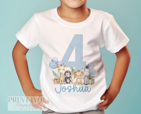 Personalised Safari Birthday Tshirt – Blue Jungle Birthday Tee With Custom Name & Age - 1