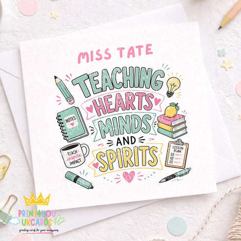 Personalised teacher thank you card for female teacher with name, colourful school themed design with books apple pencil, end of term card for Miss