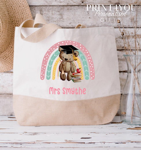 Personalised Teacher Jute Bag | Medium & XL Tote | Custom Gift for Teacher | Eco Tote Bag | Rainbow Teddy Design | End of Term Gift