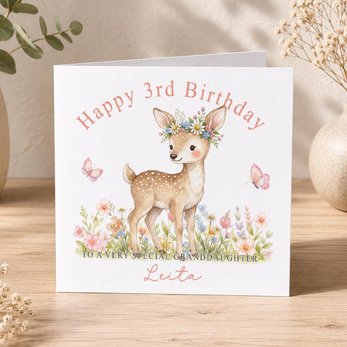 Personalised deer 3rd birthday card with butterflies and flowers, cute woodland birthday card for girls