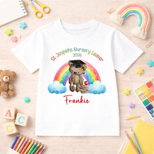 Personalised Nursery Leaver T Shirt 2026 Rainbow Bear Graduation Tee Kids Preschool Leavers Shirt Custom Name Outfit