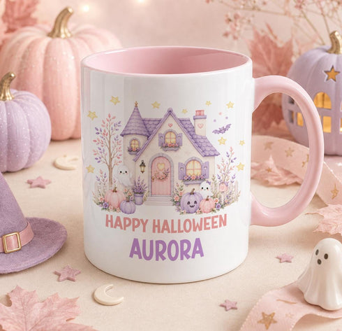 Personalised pastel Halloween haunted house mug with cute ghosts, pink and purple pumpkins, custom name autumn coffee mug