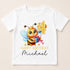 A white t-shirt with a cartoon image of a bee holding balloons and a gift, along with the text "Happy Birthday Michael" printed on it.