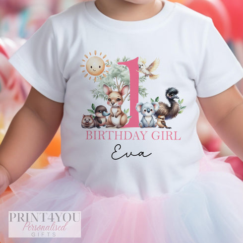 1st Birthday Girl Outfit, Australian Animal Baby Vest, Personalised Birthday Bodysuit, Pink Custom Baby T-Shirt, Koala Kangaroo Sleepsuit