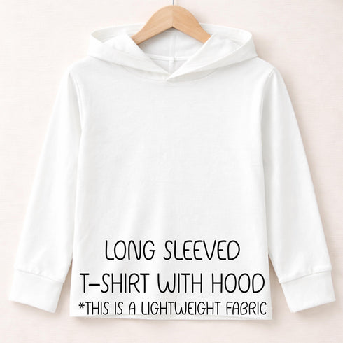 A white long-sleeved t-shirt with a hood is hanging on a wooden hanger against a light-colored background.