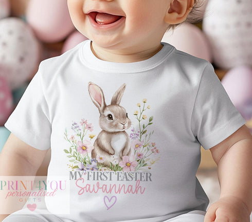 Easter Babygrow, Babies 1st Easter, My First Easter, First Easter sleepsuit, New baby gift, Easter baby outfit, Bunny Rabbit with Flowers