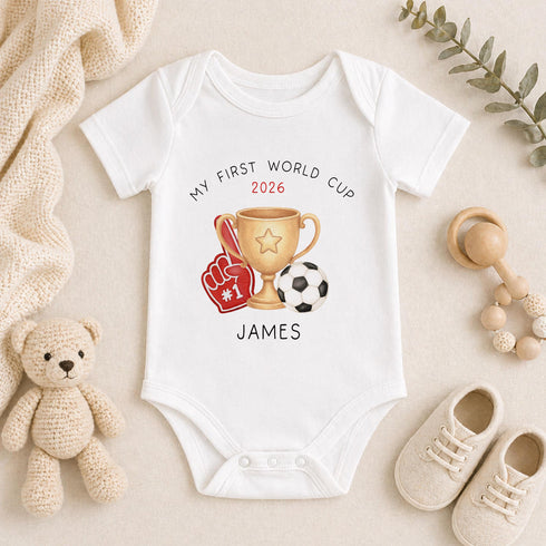 Personalised My First World Cup 2026 baby vest with football trophy and foam finger design, custom football baby bodysuit