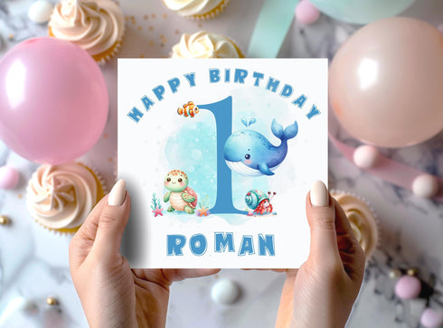 Personalised Under the Sea 1st Birthday Card, First Birthday Card, 6x6" White Square, Card For Children, Greeting card for Son, Brother
