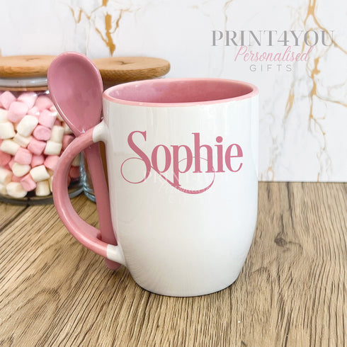 Personalised Pink Mug – Luxury Ceramic Coffee Cup with Spoon – Custom Name Gift