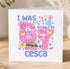 A birthday card with a pink and white polka dot design, featuring the number 67 and the text "I WAS NOW I'M CESCA"