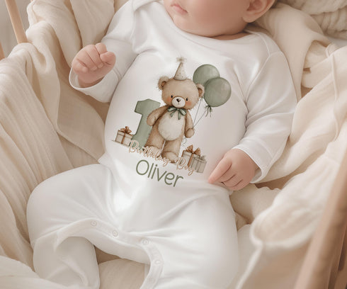 1st Birthday Boy Outfit – Personalised Teddy Bear Baby Vest – Soft Cotton Sleepsuit - Bib