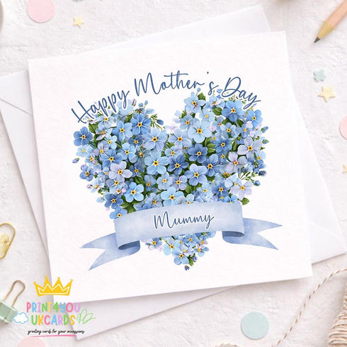 Personalised Mothers Day Card – Blue Floral Heart | Custom Mum Keepsake
