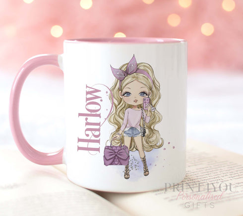 Designer Fashion Girls Personalised Gift White Mug, Pink coloured trim, Hair and Skin Variations