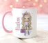Designer Fashion Girls Personalised Gift White Mug, Pink coloured trim, Hair and Skin Variations