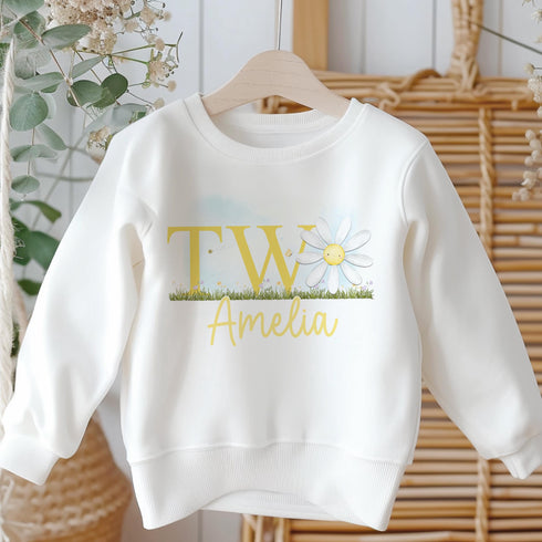 Personalised Second Birthday Jumper, Birthday Sweatshirt for Children, I am Two, pastel Colours, Daisy Jumper
