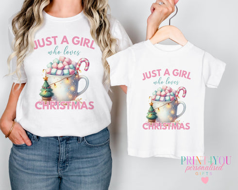 Mummy and Me Christmas T-Shirts Just a Girl Who Loves Xmas Matching Tops - Marshamallow Hot Chocolate Mug
