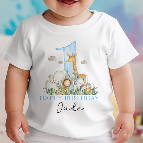 Personalised Blue Safari First Birthday T-shirt Sleepsuit Vest or Bib
