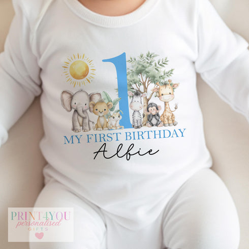 Personalised Baby Birthday Outfit | Jungle Animal Baby Wear - Custom Safari T-Shirt & Sleepsuit