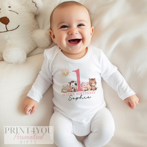 Personalised Pink Farm Animals First Birthday T-shirt Sleepsuit or Vest - Im One