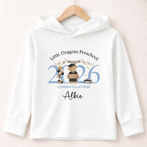 White lightweight hooded long-sleeved children’s top with a personalised blue teddy bear preschool graduation 2026 design.