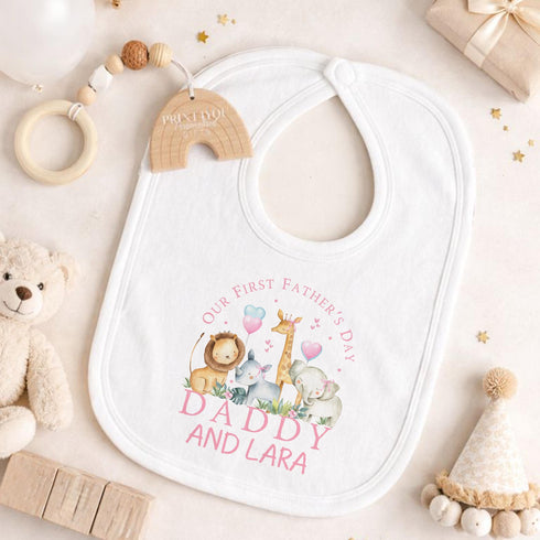 First Fathers Day Baby Vest – Personalised Pink Safari Animal Outfit With Popper Fastening