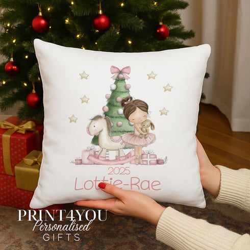 Personalised Christmas Cushion – Ballerina Gift for Girls | Custom Kids Name Pillow