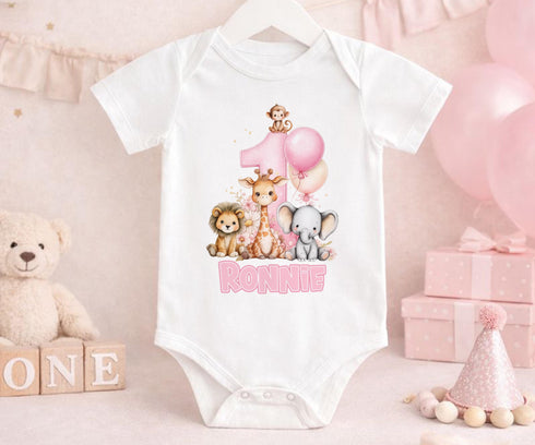 Girls 1st Birthday Pyjamas – Personalised Pink Safari Animals Pyjama Set - Vest