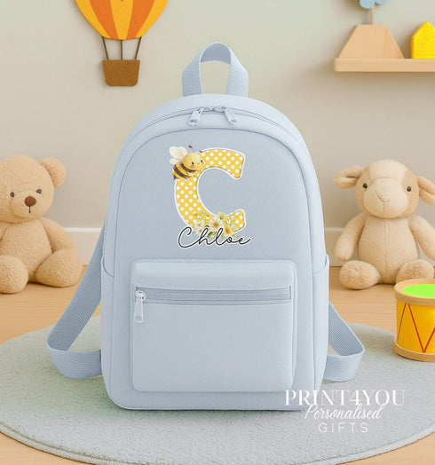 Personalised Bee Backpack for Kids | Polka Dot Initial & Name Rucksack | Toddler Nursery Bag | Custom School Gift