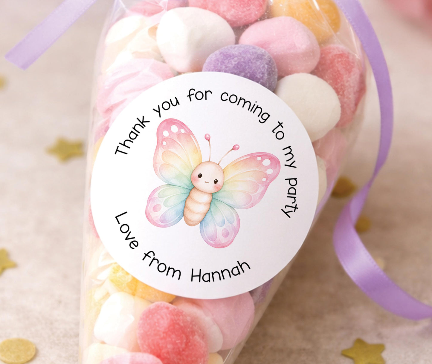Sheet of glossy round pastel butterfly stickers personalised with a child's name, ideal for party bags and sweet cones