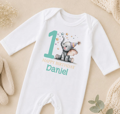 Personalised first birthday vest with elephant design and custom name print
