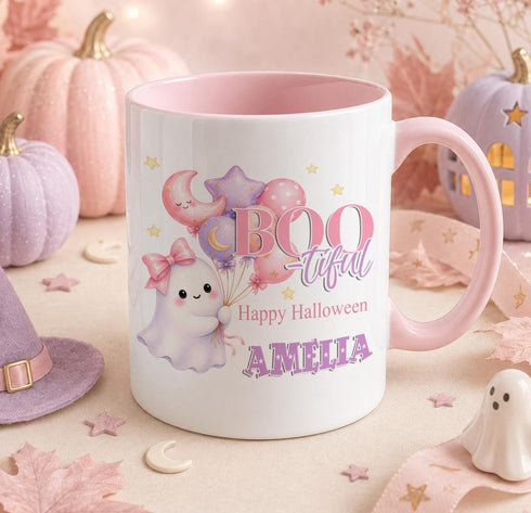 Personalised Boo-tiful Halloween ghost balloon mug with pink bow, custom name pastel Halloween coffee mug for girls and women