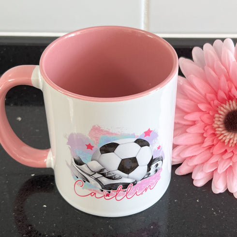 Personalised Football Birthday Mug - Pink Handle - Perfect Birthday Gift for Girls, Pink Girls Football with Boots design