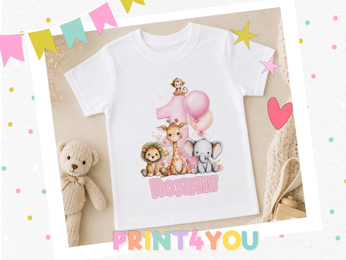 A white t-shirt with a cartoon image of a monkey, giraffe, lion, and elephant, along with the name "Ronnie" printed on it, is displayed in the center of the image. Surrounding the t-shirt are various stuffed animals, including a teddy bear, and decorative elements such as balloons and stars. The text "PRINT4YOU" is visible in the bottom right corner of the image.