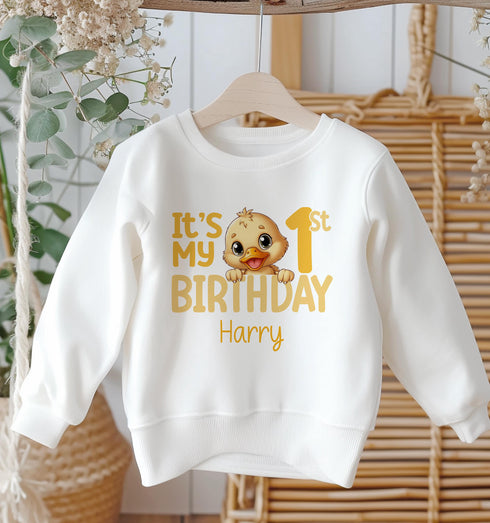 Personalised First Birthday Jumper, Birthday Sweatshirt for Children, I am One, Yellow Duck Jumper