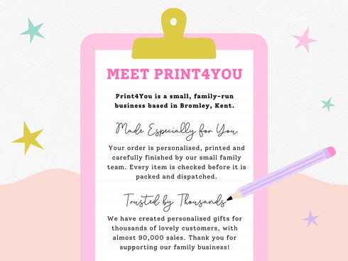Promotional graphic introducing Print4You, a family-run personalised gifts business in Bromley, Kent
