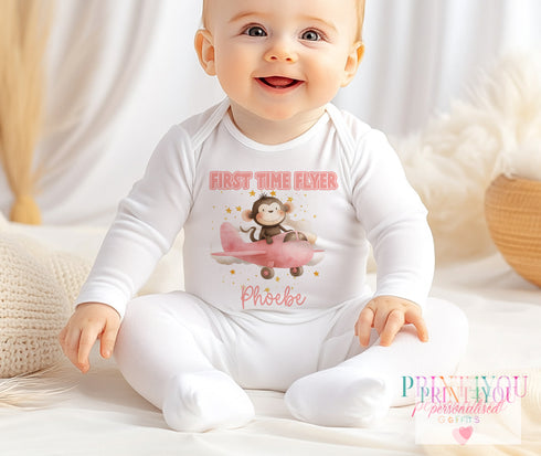 First Time Flyer Baby Outfit, Personalised Baby Holiday Vest, Monkey First Flight Sleepsuit Pink