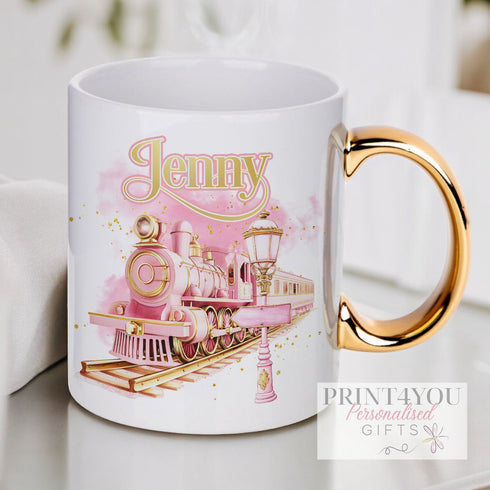 Pink Christmas Train, Gold Handled Mug, Express Train, Pink and Gold