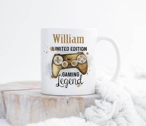 Personalised White Gaming Mug with Gold Controller Design