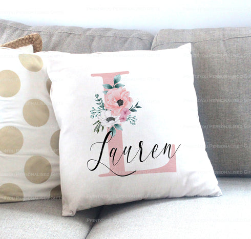 Pink floral letter and name Personalised Cushion Pillow Gift